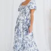 Ivy + Jack Raven Blue Porcelain Print Puff Sleeve Tiered Maxi Dress