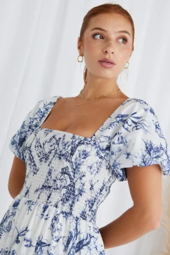 Ivy + Jack Raven Blue Porcelain Print Puff Sleeve Tiered Maxi Dress