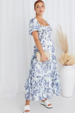 Ivy + Jack Raven Blue Porcelain Print Puff Sleeve Tiered Maxi Dress