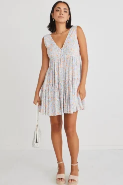 Ivy + Jack Ray Blue Summer Floral Sleeveless V Neck Mini Dress