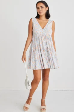 Ivy + Jack Ray Blue Summer Floral Sleeveless V Neck Mini Dress