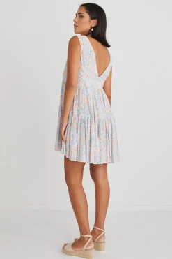 Ivy + Jack Ray Blue Summer Floral Sleeveless V Neck Mini Dress
