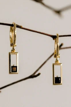 Silver Linings Realm Gold Square Sleeper EOL Earring with Black Garnet