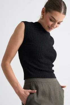 Among the Brave Regal Black Sleeveless Funnel Neck Rib Knit Top