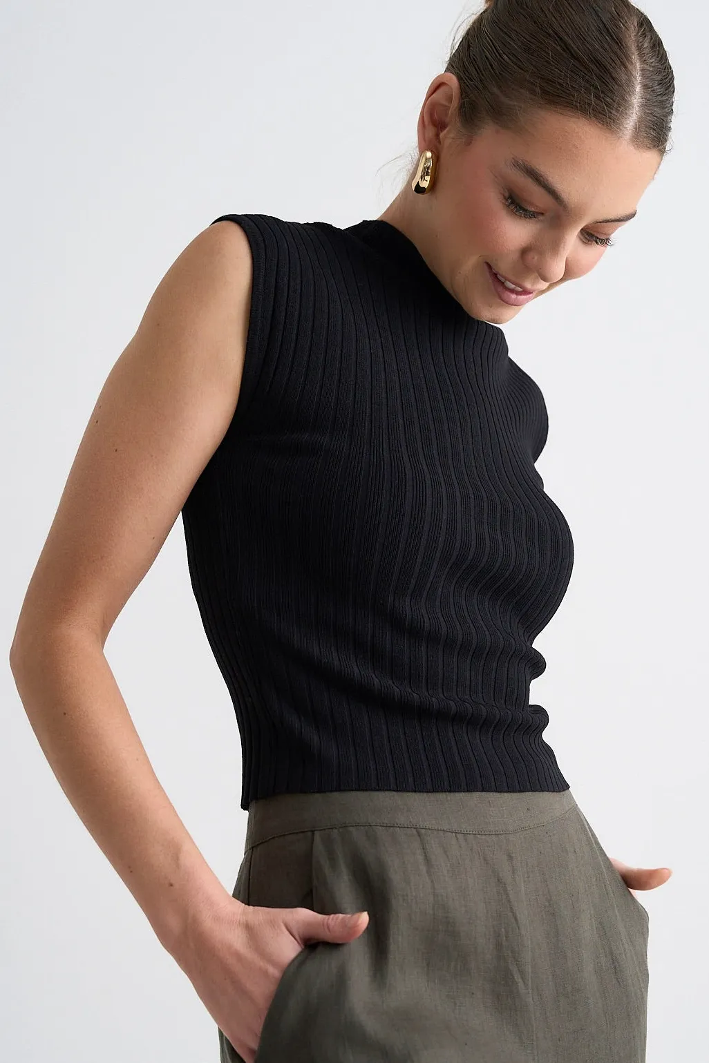 Among the Brave Regal Black Sleeveless Funnel Neck Rib Knit Top