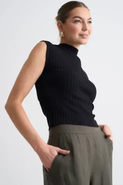 Among the Brave Regal Black Sleeveless Funnel Neck Rib Knit Top