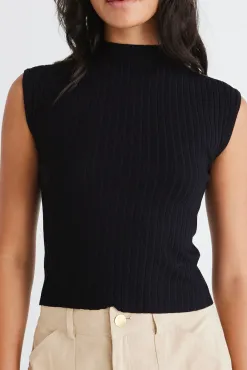 Among the Brave Regal Black Sleeveless Funnel Neck Rib Knit Top