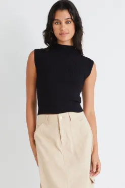 Among the Brave Regal Black Sleeveless Funnel Neck Rib Knit Top