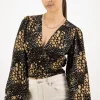 Among the Brave Reign Gold Spot LS Balloon Sleeve Plunge Button Front Crop Top