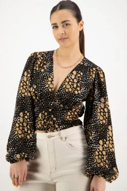 Among the Brave Reign Gold Spot LS Balloon Sleeve Plunge Button Front Crop Top