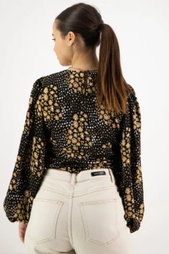 Among the Brave Reign Gold Spot LS Balloon Sleeve Plunge Button Front Crop Top