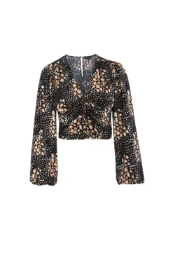 Among the Brave Reign Gold Spot LS Balloon Sleeve Plunge Button Front Crop Top