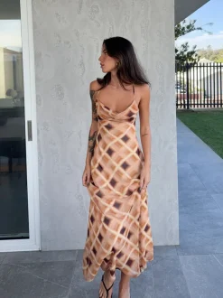 Ownley Remy Caramel Check Cowl Neck Strappy Maxi Dress