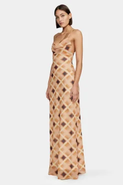 Ownley Remy Caramel Check Cowl Neck Strappy Maxi Dress