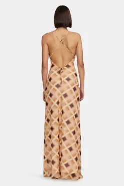 Ownley Remy Caramel Check Cowl Neck Strappy Maxi Dress