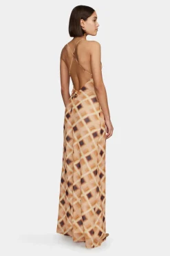 Ownley Remy Caramel Check Cowl Neck Strappy Maxi Dress