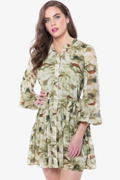 Leila + Luca Renew Khaki Smudge LS Belted Mini Dress