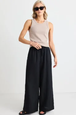 RE:UNION Label Resort Black Linen Tie Waist Pull On Wide Pants