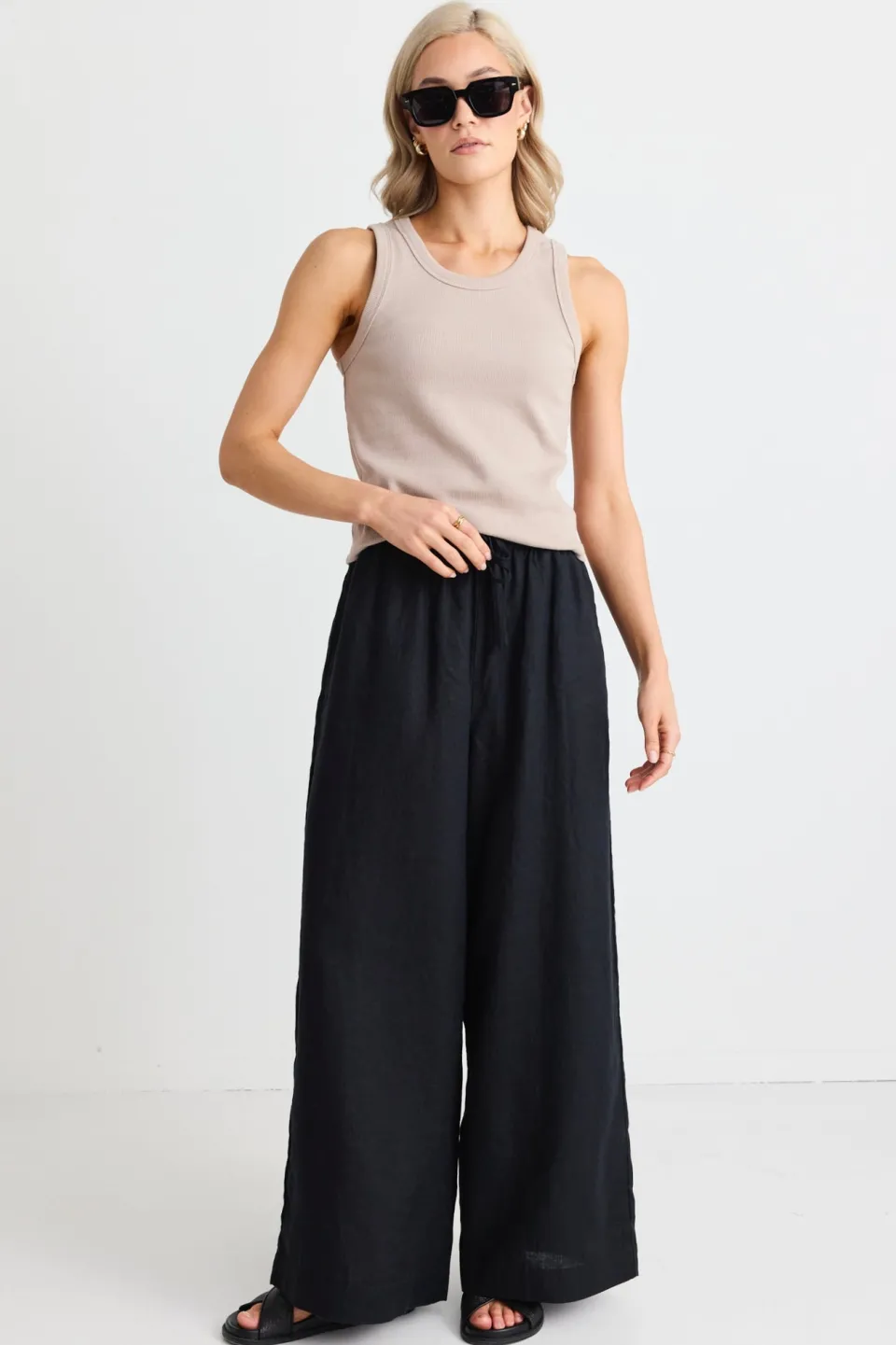 RE:UNION Label Resort Black Linen Tie Waist Pull On Wide Pants