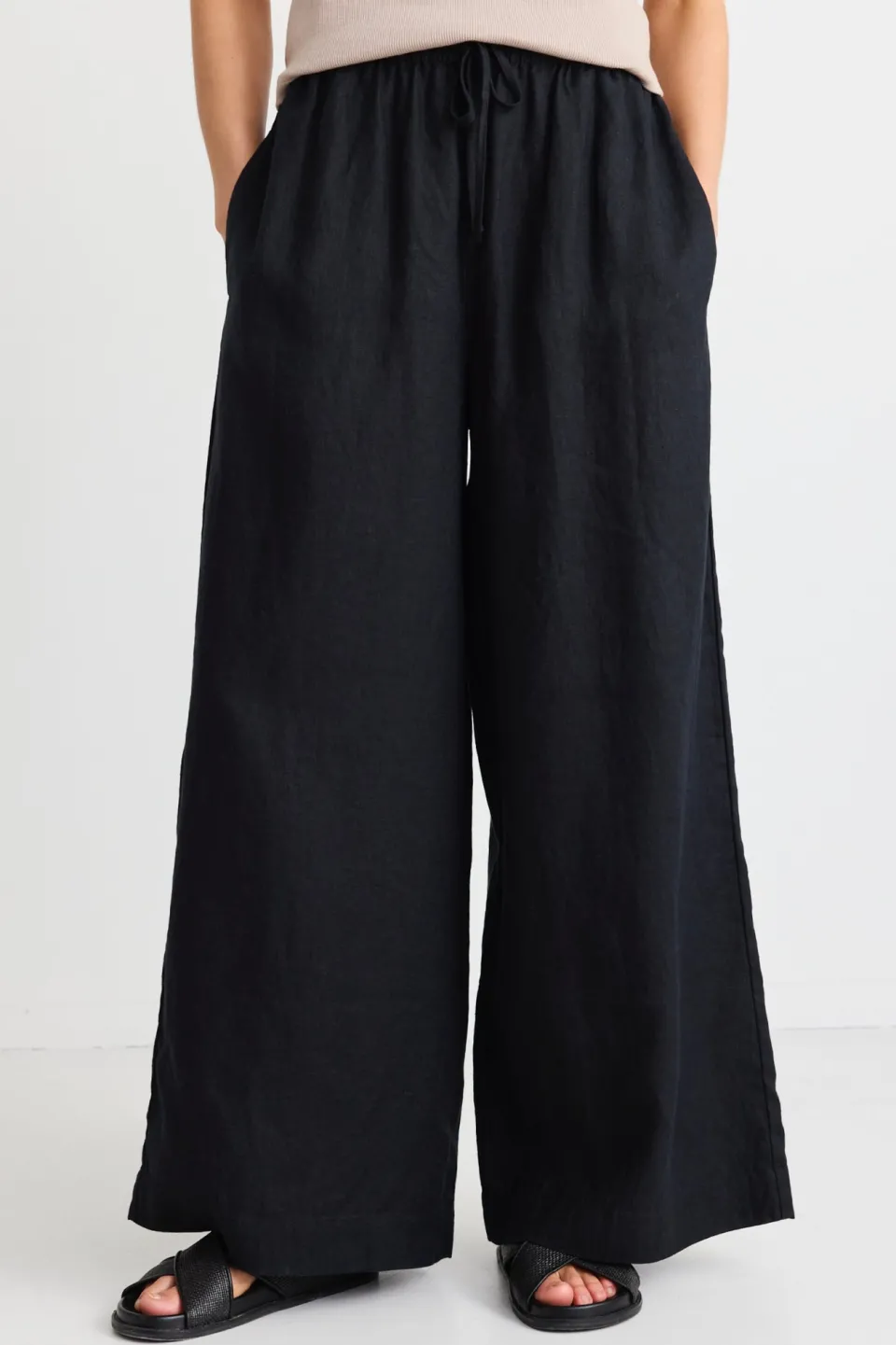 RE:UNION Label Resort Black Linen Tie Waist Pull On Wide Pants