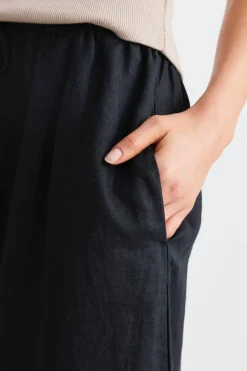 RE:UNION Label Resort Black Linen Tie Waist Pull On Wide Pants