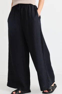RE:UNION Label Resort Black Linen Tie Waist Pull On Wide Pants