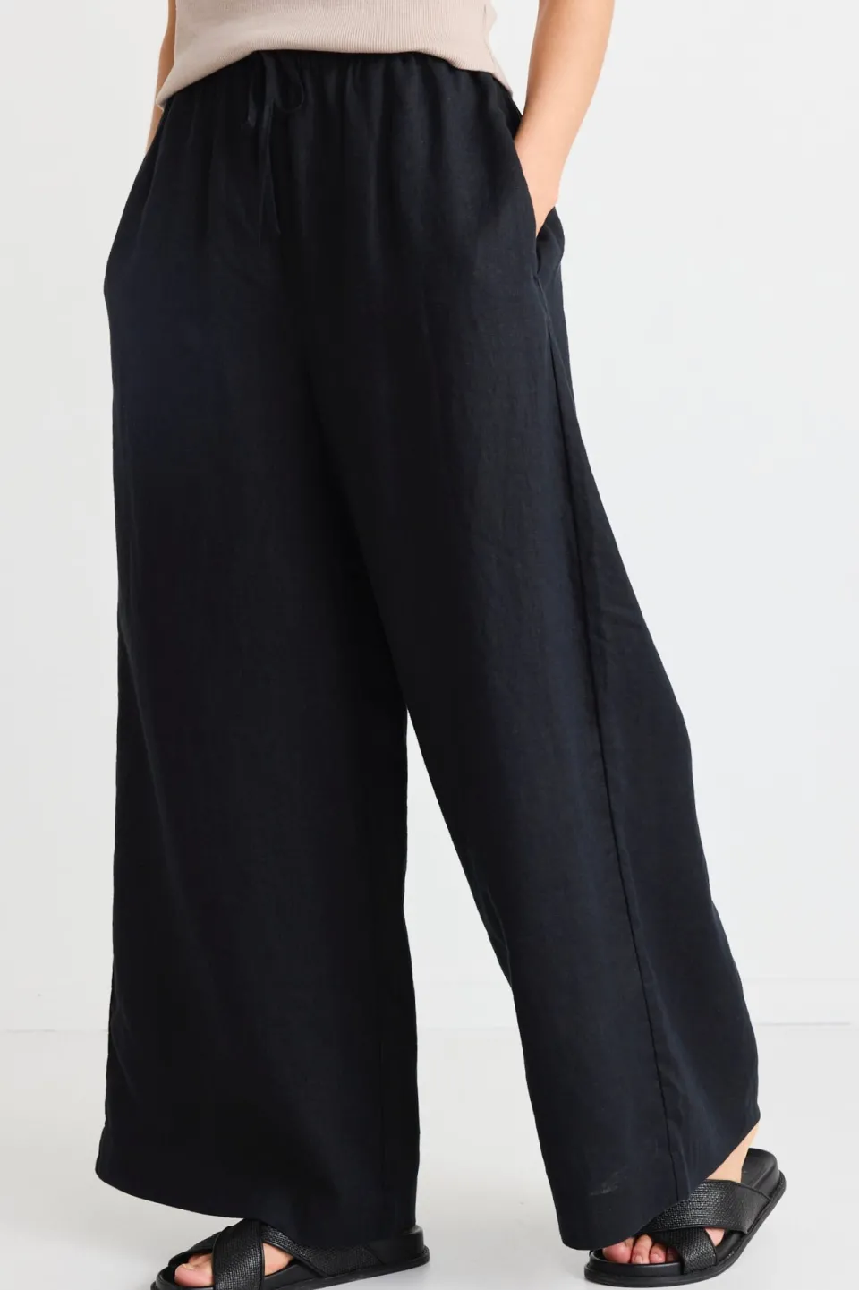 RE:UNION Label Resort Black Linen Tie Waist Pull On Wide Pants