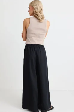 RE:UNION Label Resort Black Linen Tie Waist Pull On Wide Pants