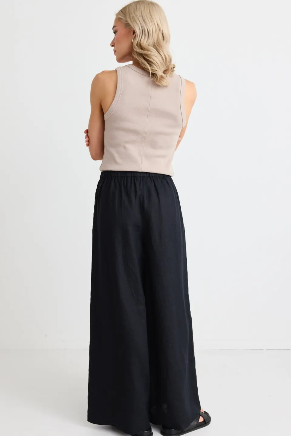RE:UNION Label Resort Black Linen Tie Waist Pull On Wide Pants