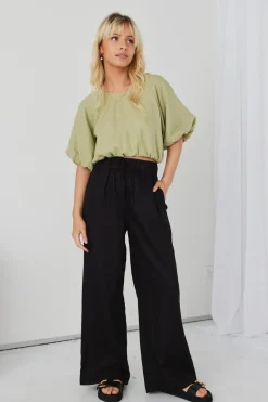 RE:UNION Label Resort Black Linen Wide Leg Elastic Waist Pant