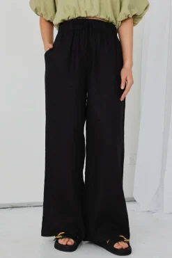 RE:UNION Label Resort Black Linen Wide Leg Elastic Waist Pant