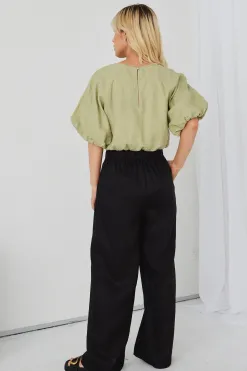 RE:UNION Label Resort Black Linen Wide Leg Elastic Waist Pant