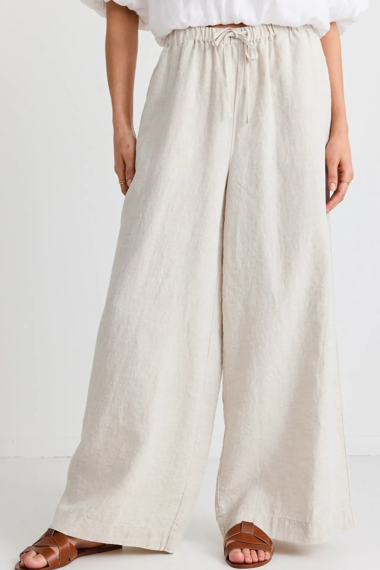 RE:UNION Label Resort Natural Linen Tie Waist Pull On Wide Pants