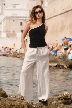 RE:UNION Label Resort Natural Linen Tie Waist Pull On Wide Pants