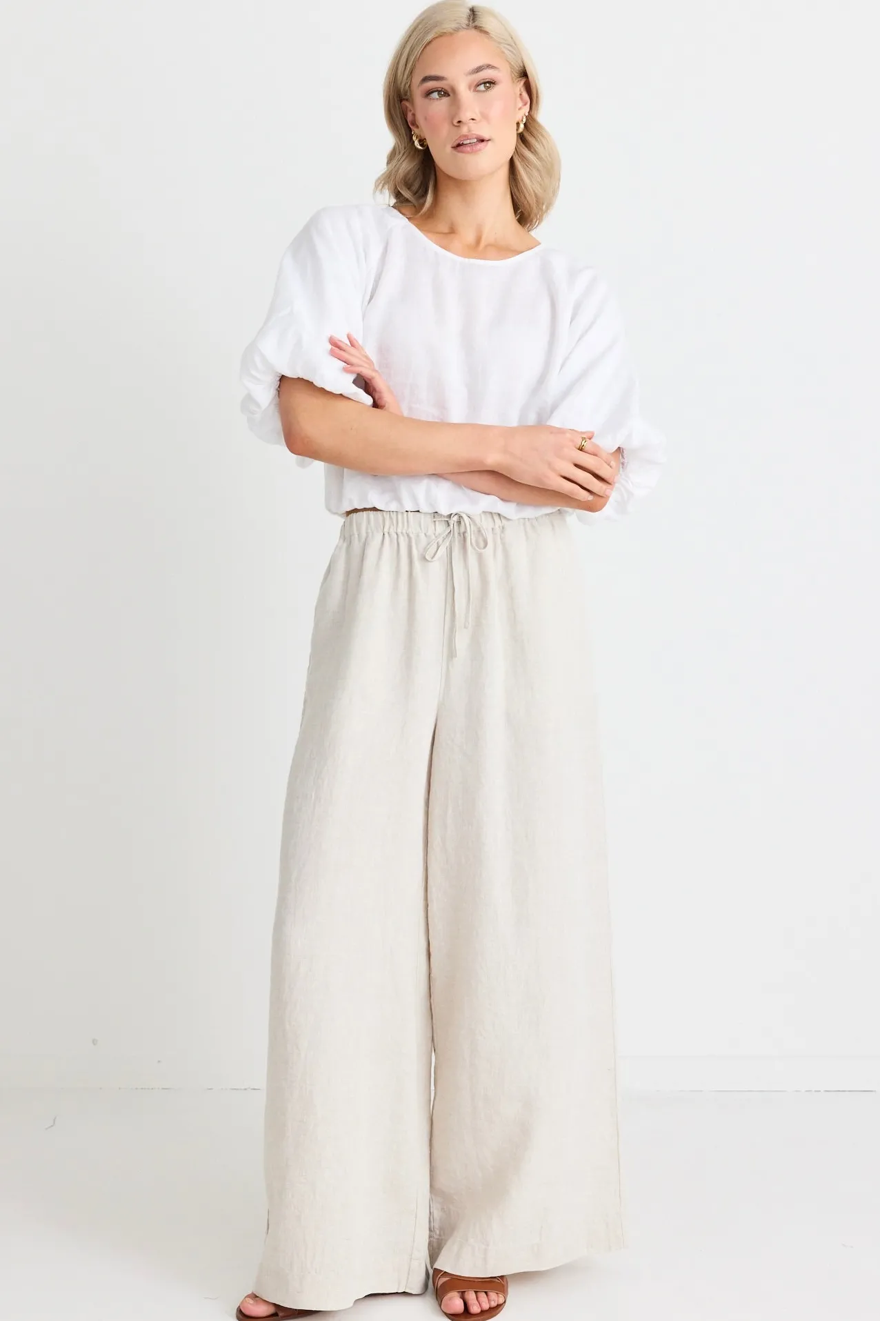 RE:UNION Label Resort Natural Linen Tie Waist Pull On Wide Pants