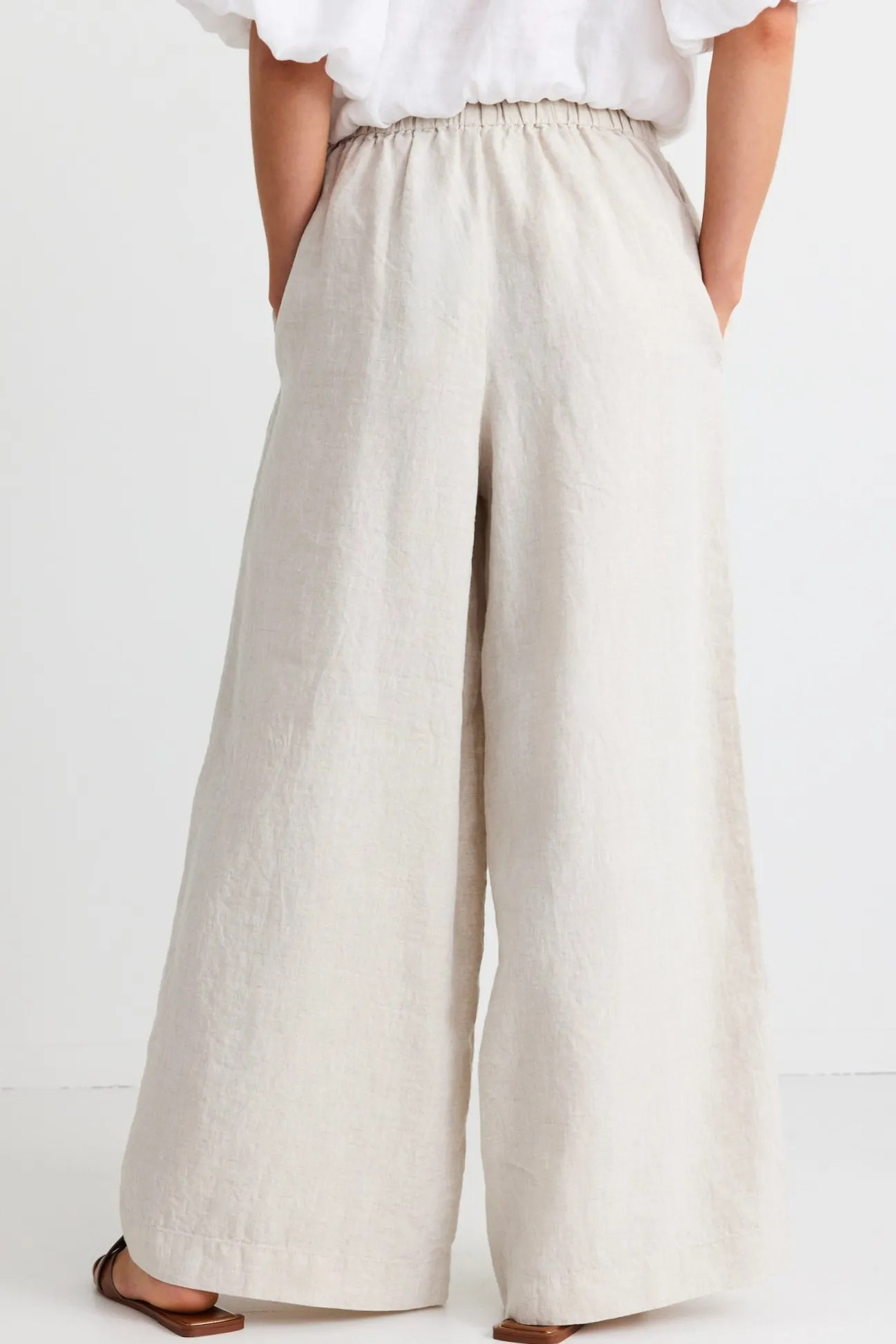 RE:UNION Label Resort Natural Linen Tie Waist Pull On Wide Pants