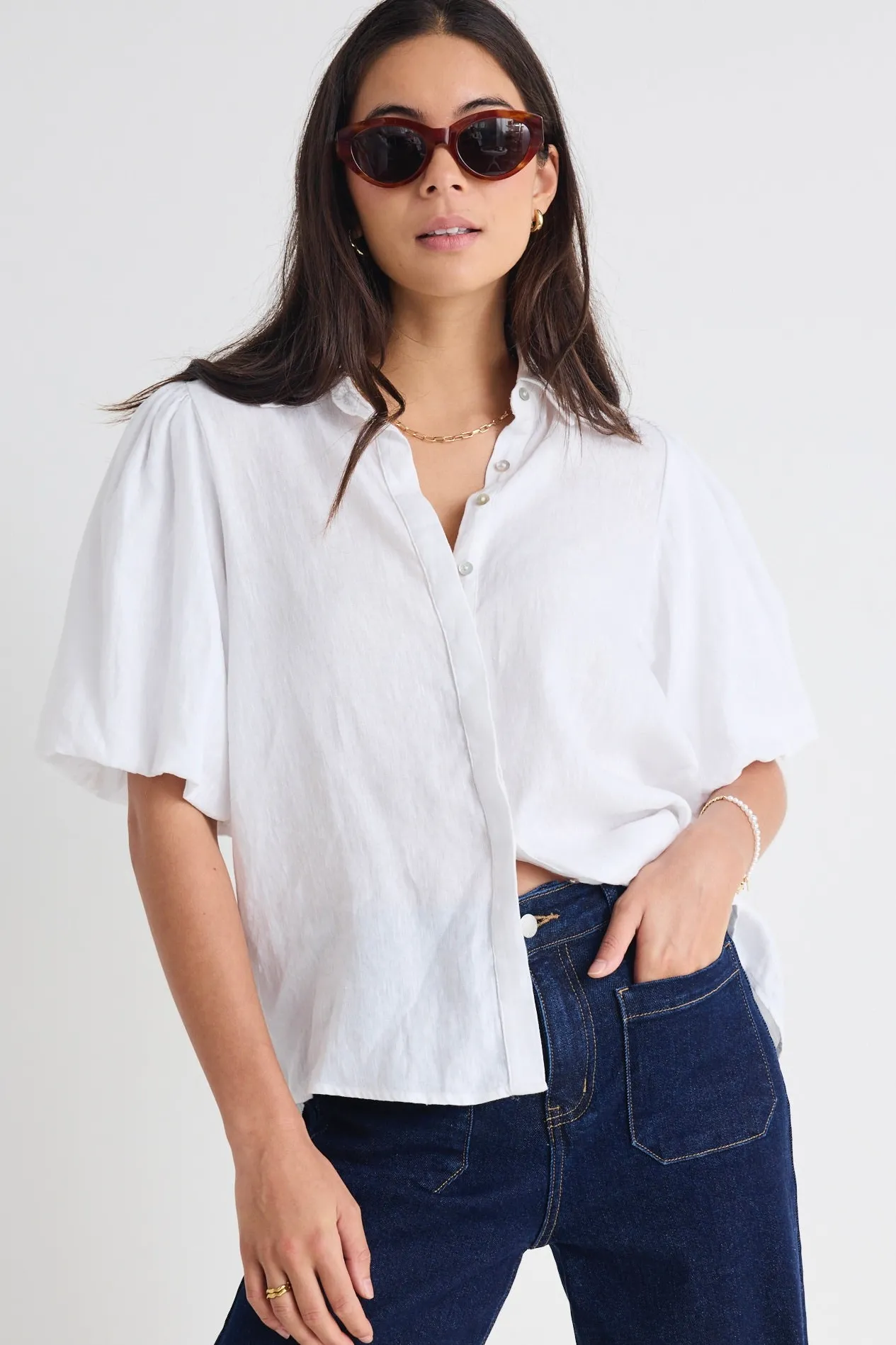 Among the Brave Rested White Linen Bubble Sleeve Shirt