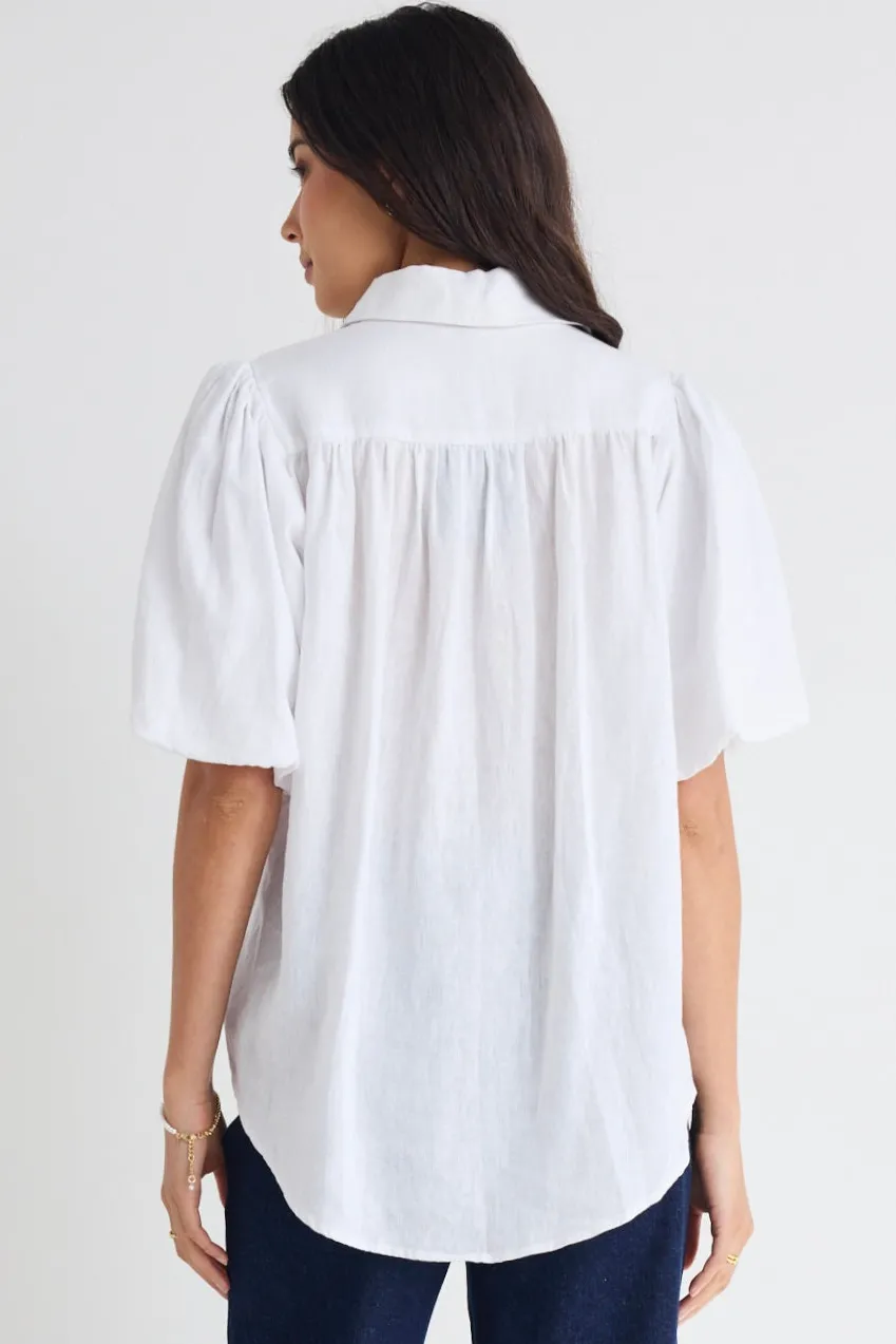 Among the Brave Rested White Linen Bubble Sleeve Shirt