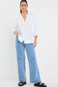 By Rosa. Restoration White Linen Button Front Mid Sleeve Blouse