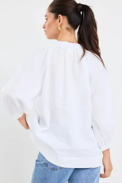 By Rosa. Restoration White Linen Button Front Mid Sleeve Blouse