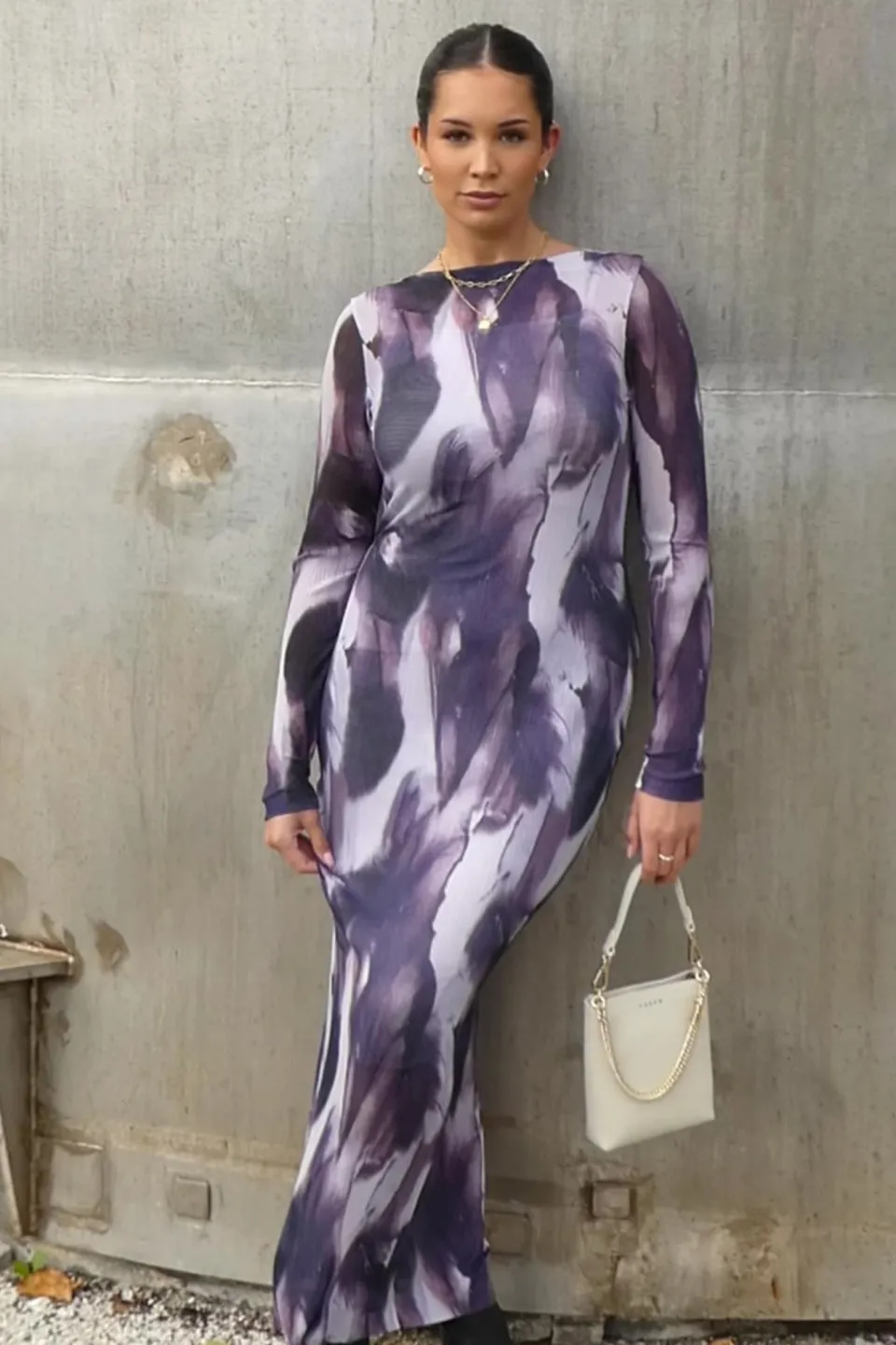 Stories be Told Revel Lilac Crinkle Mesh LS Maxi Dress