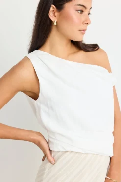 Among the Brave Revered Ivory Linen Blend Off Shoulder Sleeveless Top