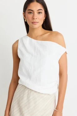 Among the Brave Revered Ivory Linen Blend Off Shoulder Sleeveless Top
