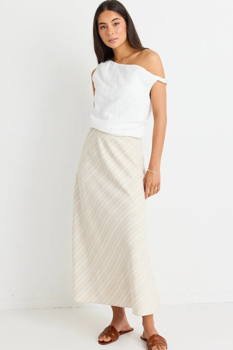 Among the Brave Revered Ivory Linen Blend Off Shoulder Sleeveless Top