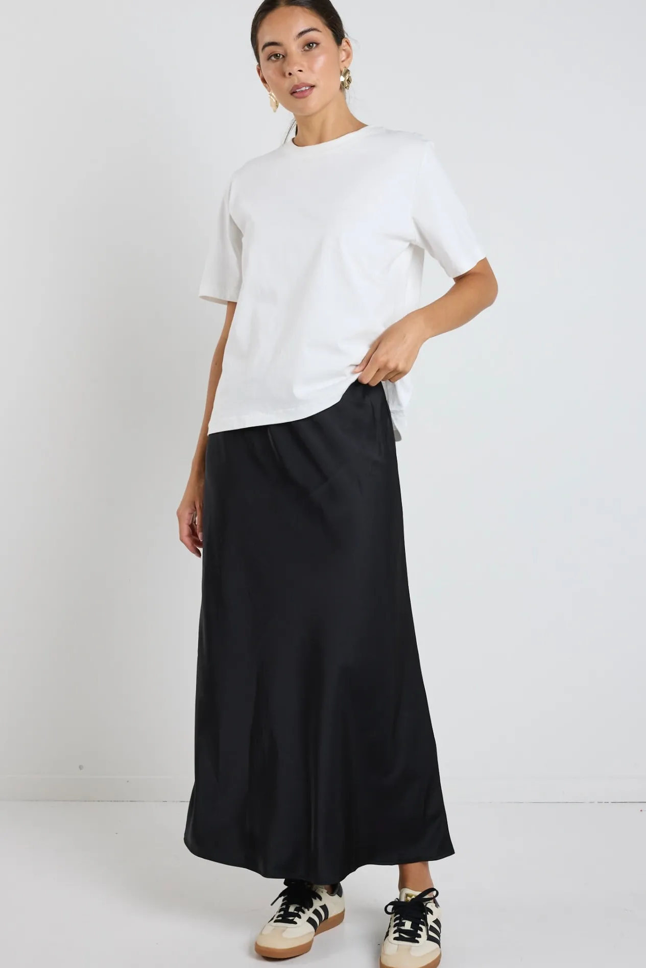 Ivy + Jack Rosette Black Satin Bias Midi Skirt