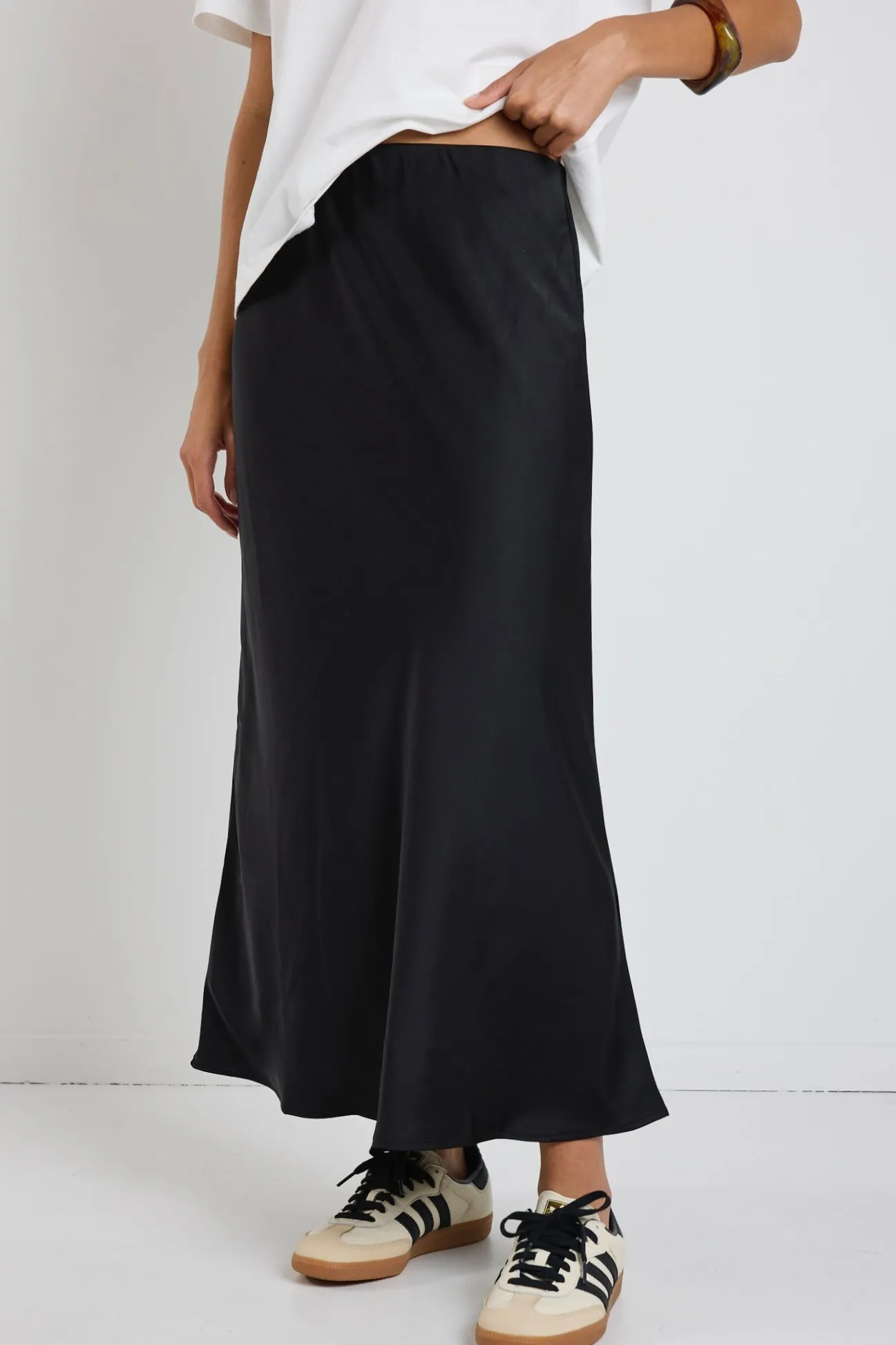 Ivy + Jack Rosette Black Satin Bias Midi Skirt