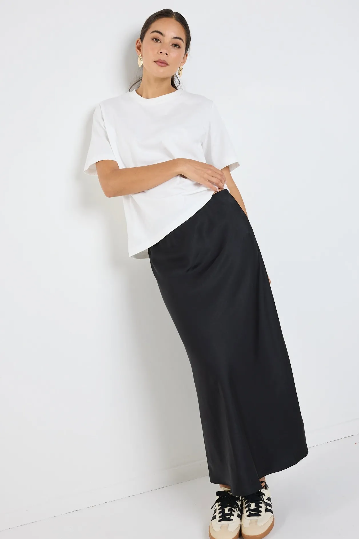 Ivy + Jack Rosette Black Satin Bias Midi Skirt