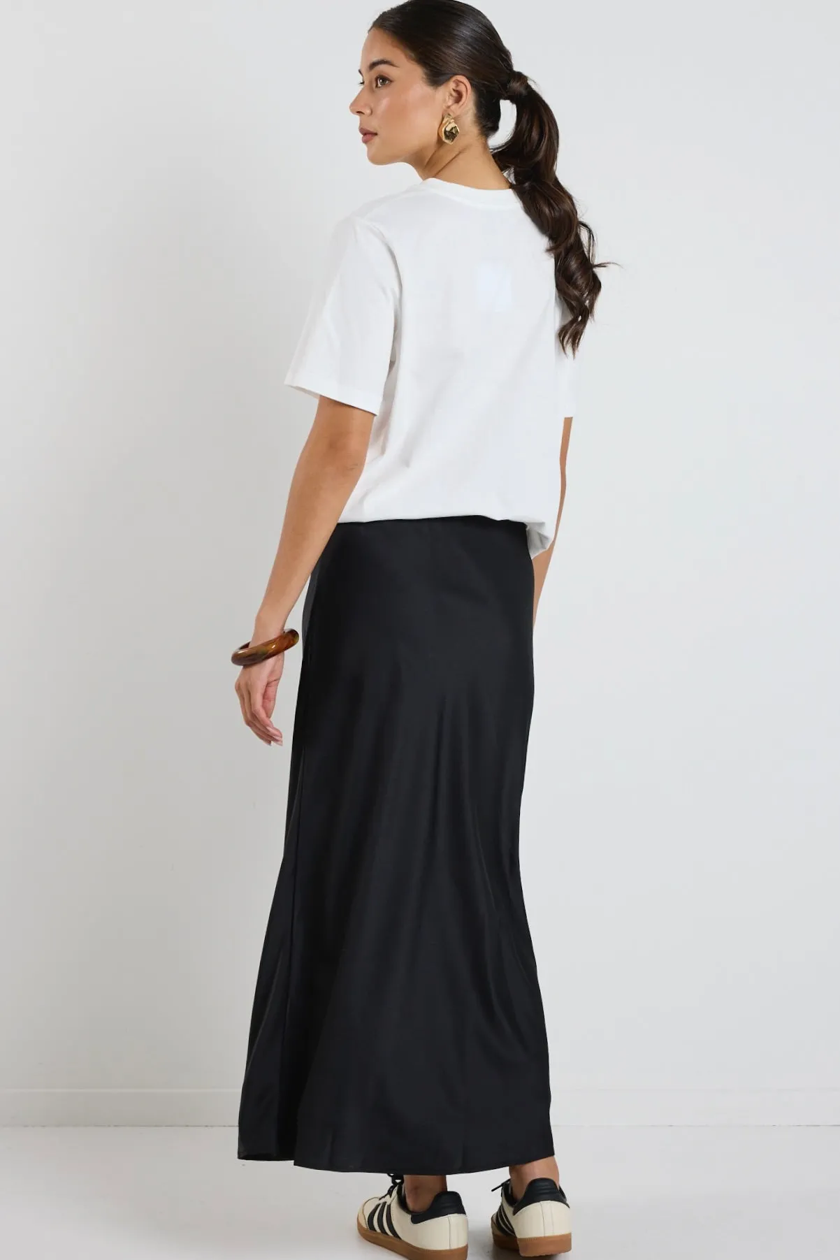 Ivy + Jack Rosette Black Satin Bias Midi Skirt