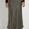 Ivy + Jack Rosette Khaki Satin Bias Midi Skirt