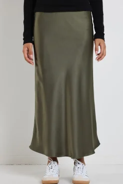 Ivy + Jack Rosette Khaki Satin Bias Midi Skirt